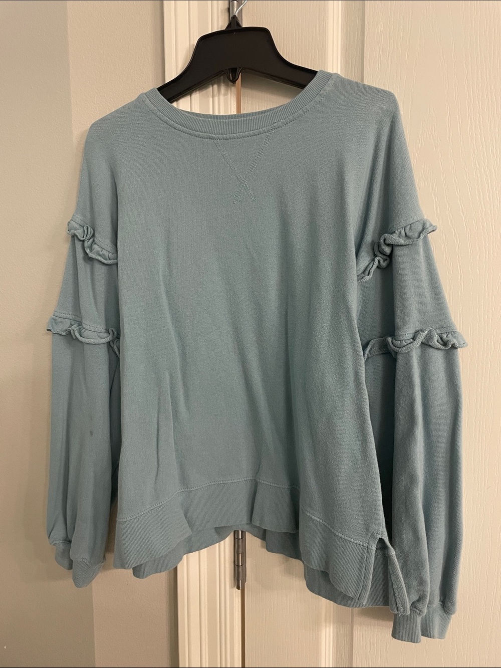 3 for $10 Add to bundle 
Time and Tru Light Blue Ruffle-Sleeve Pullover